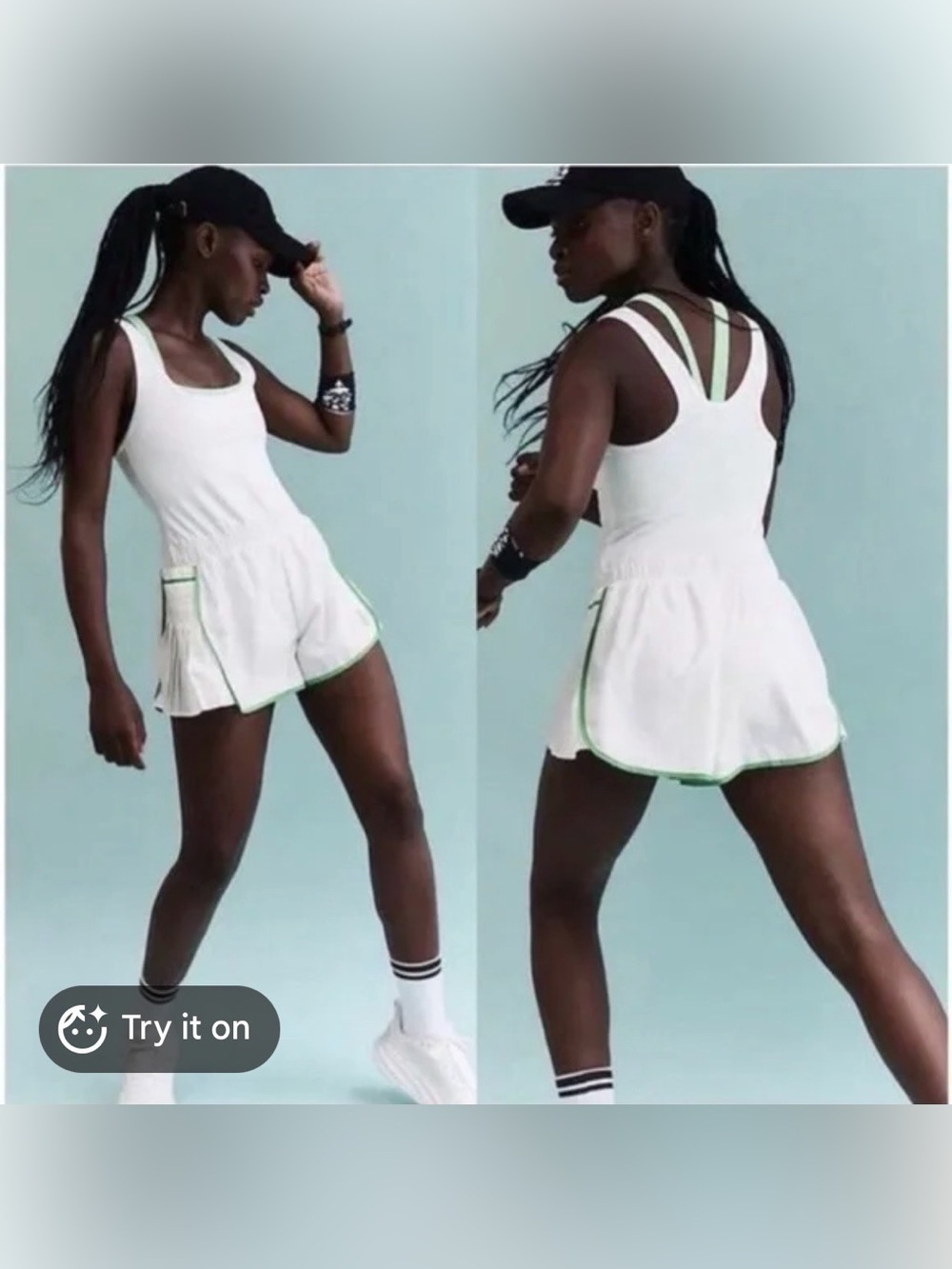 Free People Movement Easy Tiger Shortsie White and Green Tennis Romper